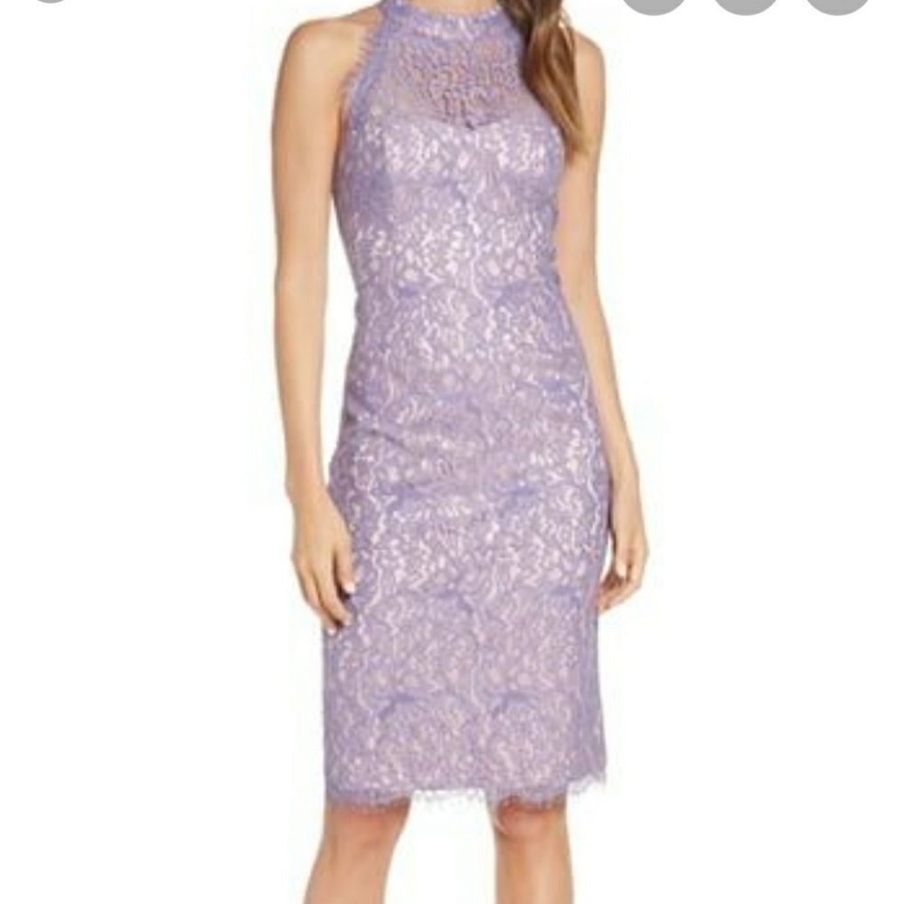 Eliza j halter neck lace purple sheath dress
